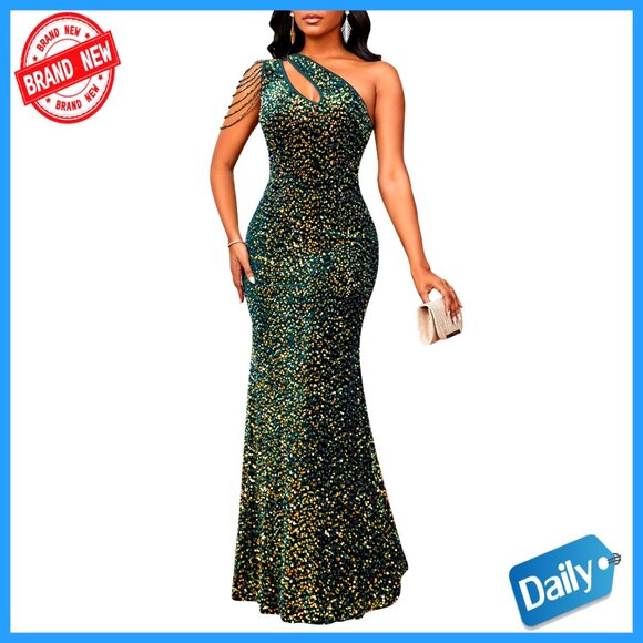 Sequin Mermaid Evening Dress Elegant One Shoulder Tassel Formal Gown